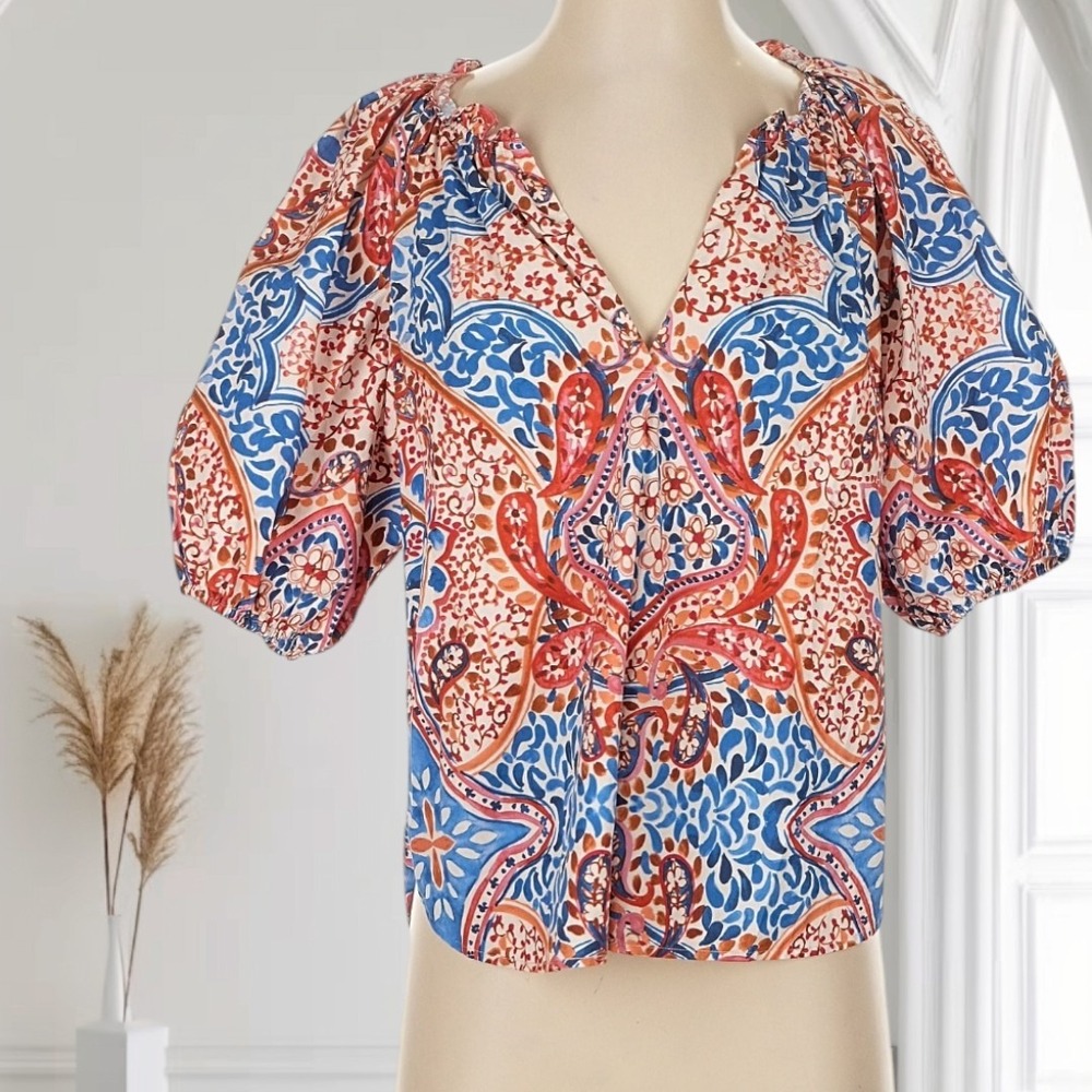 XIRENA Jules Terra Mosaic Print Cotton Puff Sleeve Blouse Womens XS Dopamine Art